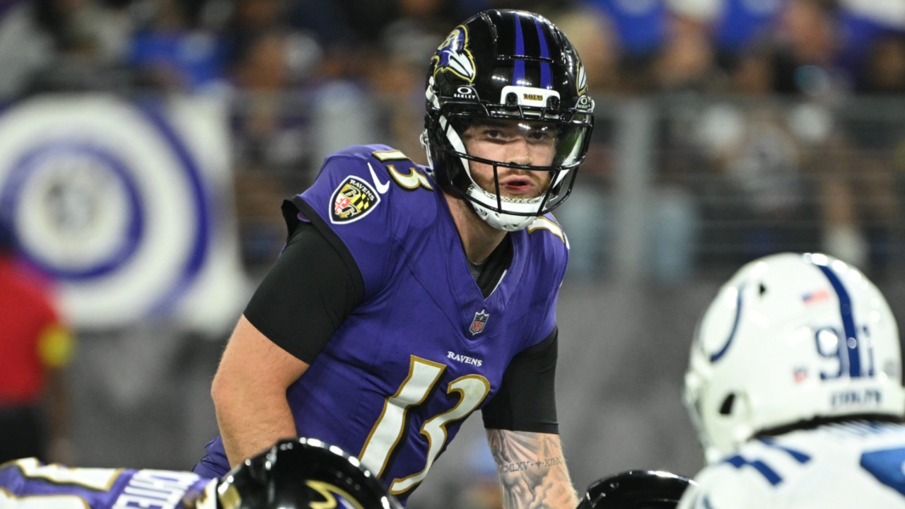 Aug 7, 2025; Baltimore, Maryland, USA; Baltimore Ravens quarterback Devin Leary (13) lines up under center against the Indianapolis Colts during the third quarter at M&T Bank Stadium.