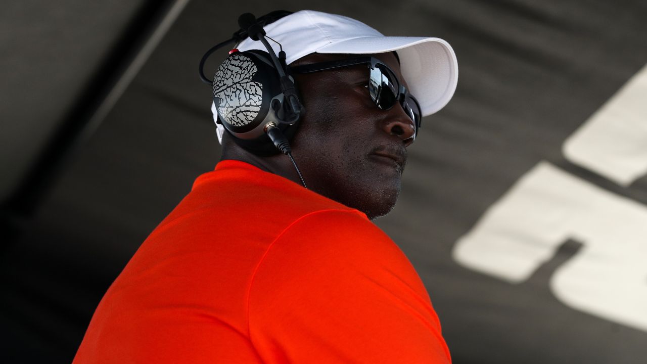 NASCAR Cup Series owner Michael Jordan looks on from atop his team’s pit box during the Go Bowling at The Glen at Watkins Glen International.