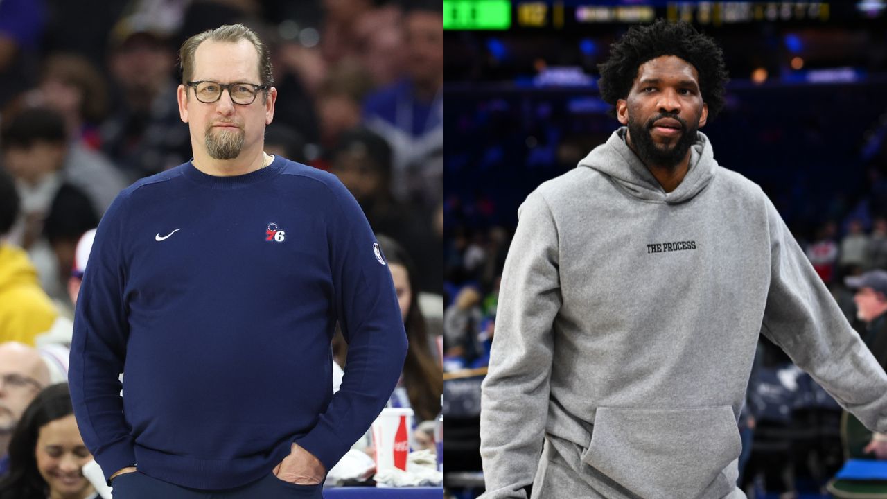 Nick Nurse (L) and Joel Embiid (R)