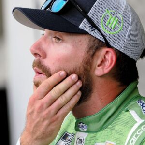 NASCAR Cup Series driver Ross Chastain (1) sits by his garage Friday, July 25, 2025, ahead of practice at Indianapolis Motor Speedway in preparation for the Brickyard 400. Cup practice was cancelled due weather in the area.