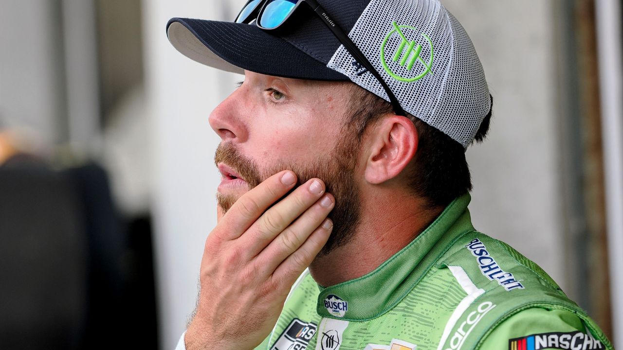 NASCAR Cup Series driver Ross Chastain (1) sits by his garage Friday, July 25, 2025, ahead of practice at Indianapolis Motor Speedway in preparation for the Brickyard 400. Cup practice was cancelled due weather in the area.