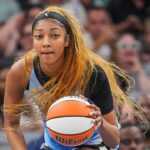 Chicago Sky forward Angel Reese (5) dribbles against the Minnesota Lynx in the second quarter at Target Center.