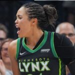 Minnesota Lynx forward Napheesa Collier (24) celebrates a basket against the New York Liberty in the fourth quarter at Target Center.
