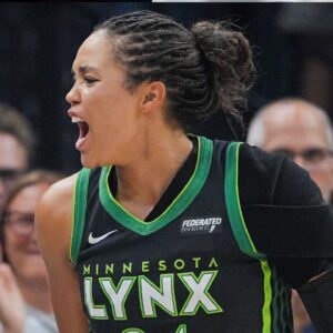 Minnesota Lynx forward Napheesa Collier (24) celebrates a basket against the New York Liberty in the fourth quarter at Target Center.