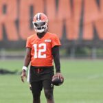 Cleveland Browns quarterback Shedeur Sanders (12) during mini camp at CrossCountry Mortgage Campus.