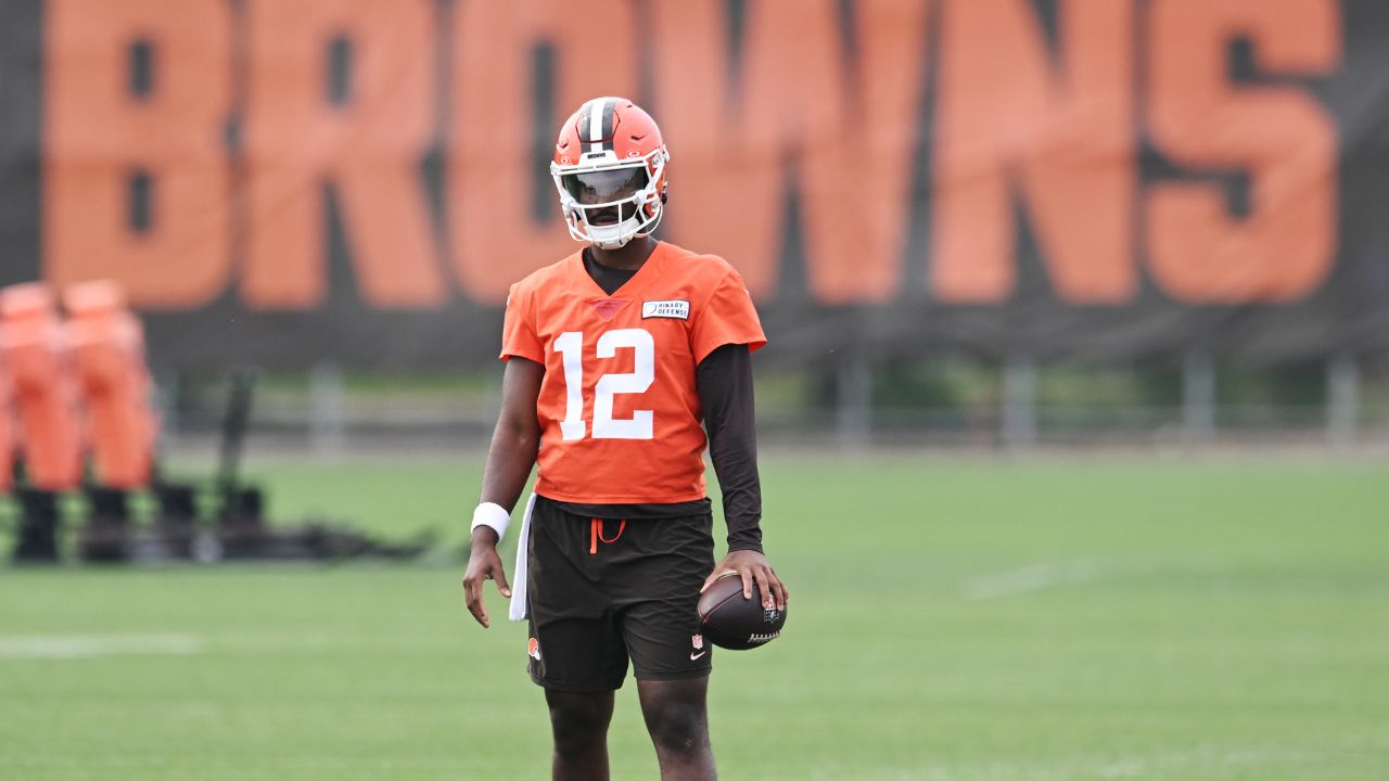 Cleveland Browns quarterback Shedeur Sanders (12) during mini camp at CrossCountry Mortgage Campus.