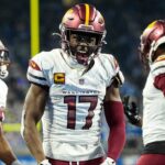 Washington Commanders wide receiver Terry McLaurin (17) celebrates a first down against Detroit Lions during the second half of the NFC divisional round at Ford Field in Detroit on Saturday, Jan. 18, 2025.