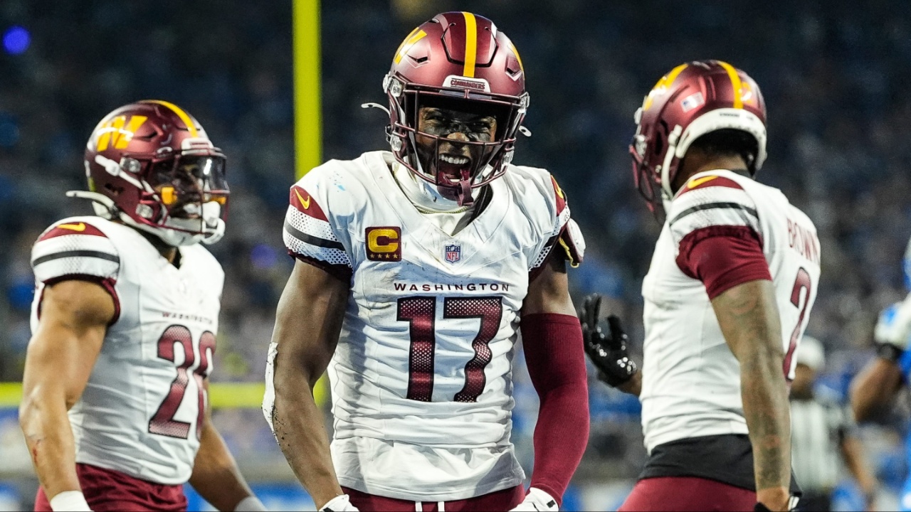 Washington Commanders wide receiver Terry McLaurin (17) celebrates a first down against Detroit Lions during the second half of the NFC divisional round at Ford Field in Detroit on Saturday, Jan. 18, 2025.