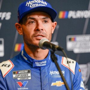 Kyle Larson answers questions from the media during NASCAR Cup Series Playoff Media Day at Charlotte Convention Center.