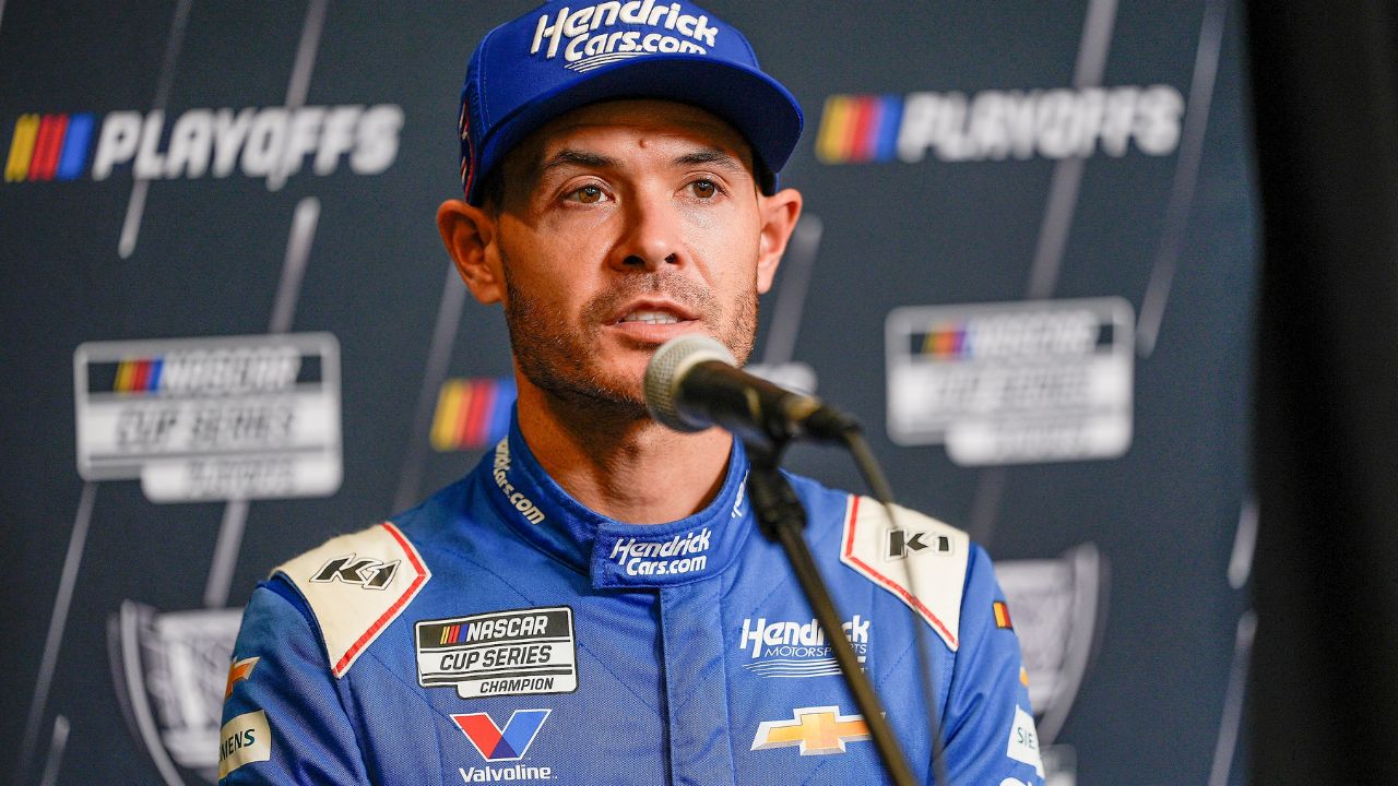 Kyle Larson answers questions from the media during NASCAR Cup Series Playoff Media Day at Charlotte Convention Center.