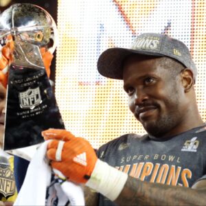 Denver Broncos outside linebacker Von Miller (58) celebrates with the Vince Lombardi Trophy after being named the Super Bowl MVP after beating the Carolina Panthers in Super Bowl 50 at Levi's Stadium.