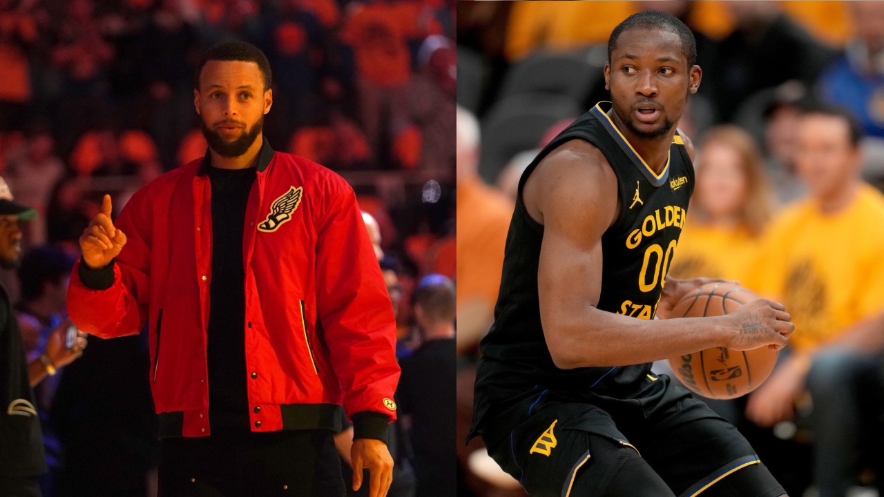 Stephen Curry (L), Jonathan Kuminga (R)