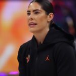 Team Collier guard Kelsey Plum (10) warms up before the 2025 WNBA All Star Game at Gainbridge Fieldhouse.