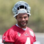 Jul 26, 2025; Oxnard, CA, USA; Dallas Cowboys quarterback Dak Prescott (4) at training camp at the River Ridge Fields.