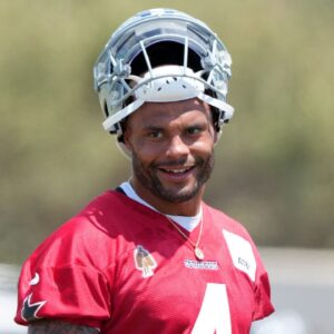 Jul 26, 2025; Oxnard, CA, USA; Dallas Cowboys quarterback Dak Prescott (4) at training camp at the River Ridge Fields.