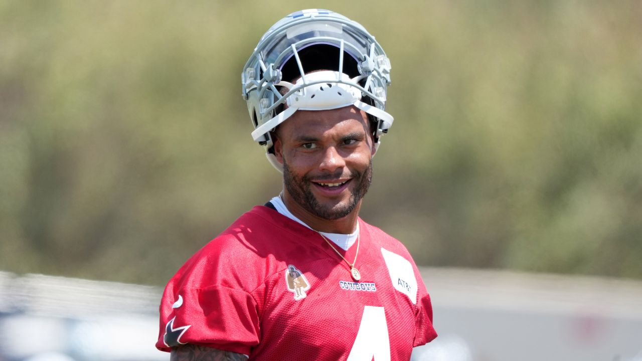 Jul 26, 2025; Oxnard, CA, USA; Dallas Cowboys quarterback Dak Prescott (4) at training camp at the River Ridge Fields.
