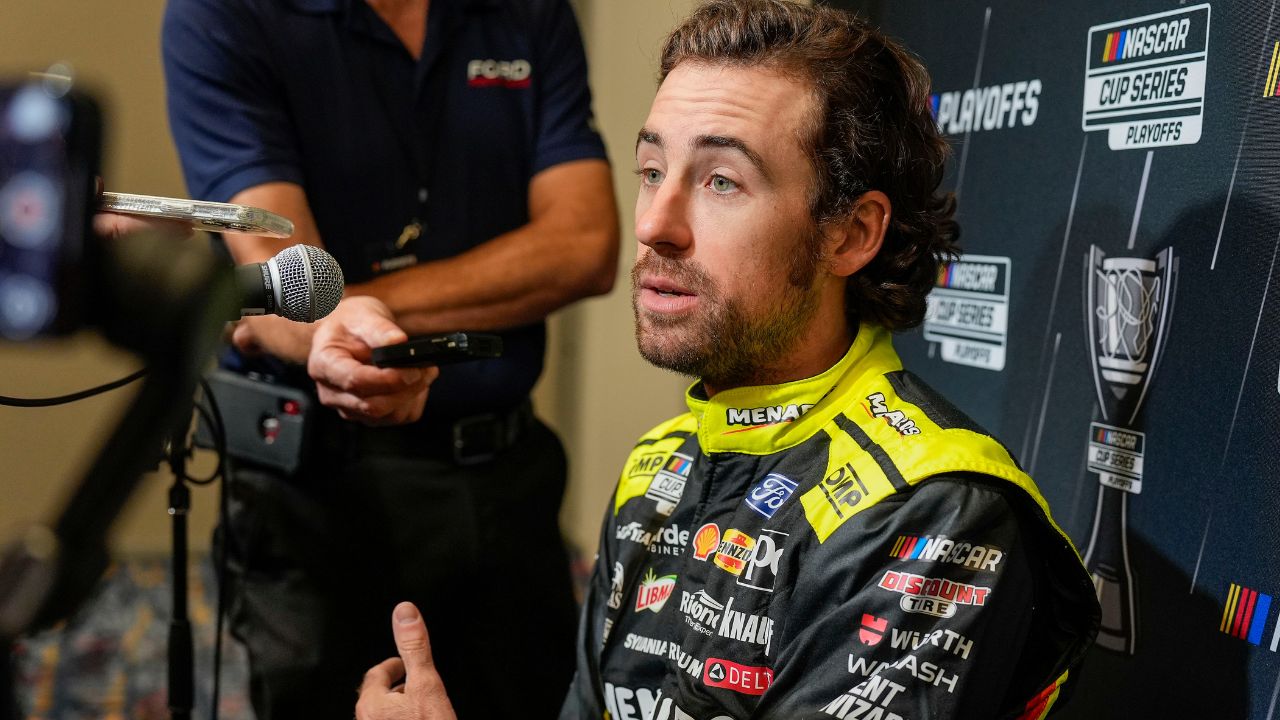 Ryan Blaney answers questions from the media during NASCAR Cup Series Playoff Media Day at Charlotte Convention Center.