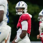 Indianapolis Colts quarterback Anthony Richardson Sr. (5) walks up the field Thursday, July 31, 2025, during Colts Training Camp at Grand Park in Westfield.