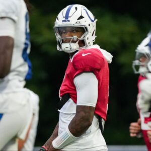 Indianapolis Colts quarterback Anthony Richardson Sr. (5) walks up the field Thursday, July 31, 2025, during Colts Training Camp at Grand Park in Westfield.