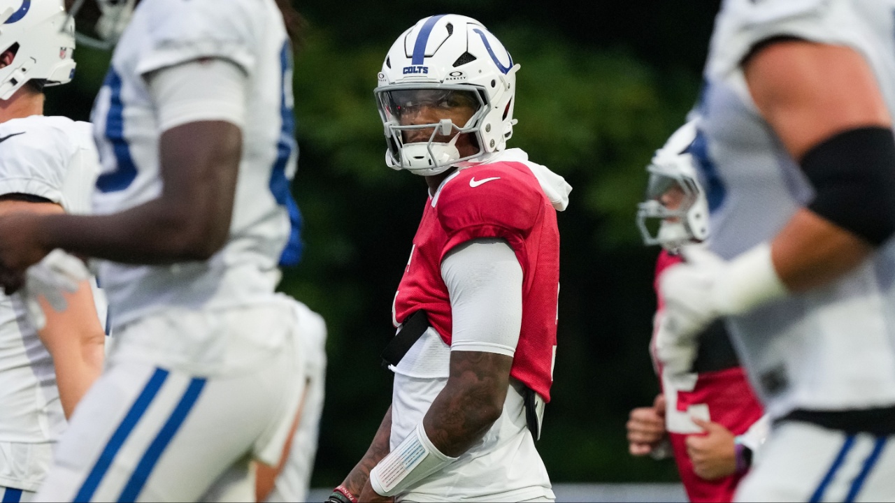Indianapolis Colts quarterback Anthony Richardson Sr. (5) walks up the field Thursday, July 31, 2025, during Colts Training Camp at Grand Park in Westfield.