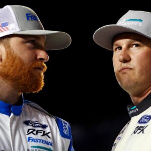 NASCAR Cup Series driver Chris Buescher (17) and NASCAR Cup Series driver Ryan Preece (60) during qualifying for the Daytona 500 at Daytona International Speedway.