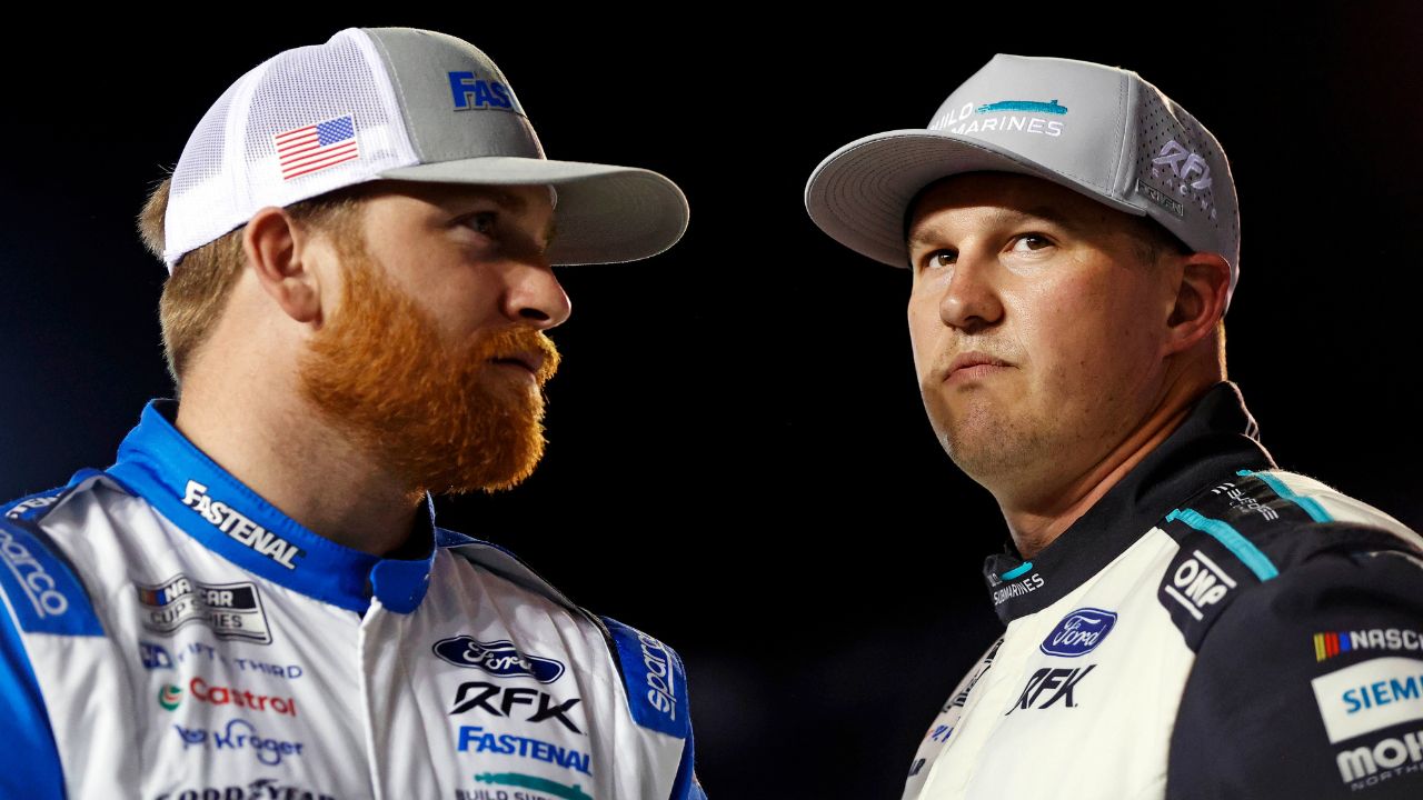 NASCAR Cup Series driver Chris Buescher (17) and NASCAR Cup Series driver Ryan Preece (60) during qualifying for the Daytona 500 at Daytona International Speedway.