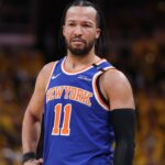 New York Knicks guard Jalen Brunson (11) reacts in the second quarter during game six of the eastern conference finals against the Indiana Pacers for the 2025 NBA Playoffs at Gainbridge Fieldhouse.