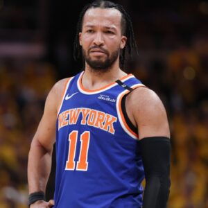 New York Knicks guard Jalen Brunson (11) reacts in the second quarter during game six of the eastern conference finals against the Indiana Pacers for the 2025 NBA Playoffs at Gainbridge Fieldhouse.