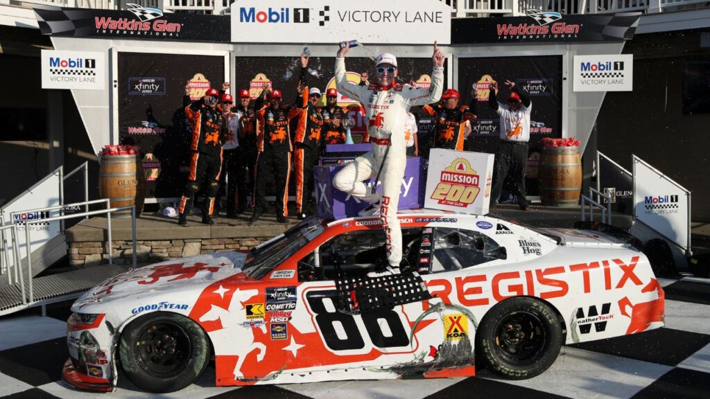 NASCAR Xfinity Series driver Connor Zilisch celebrates in victory lane after winning the Mission 200 at The Glen at Watkins Glen International.