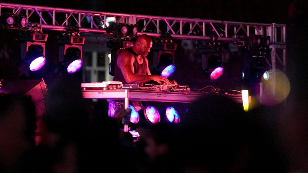 Shaquille O'Neal, also known as Diesel, entertains the crowd as he plays a wide variety of music after the Reds-Brewers game at Great American Ball Park Saturday, August 31, 2024.
