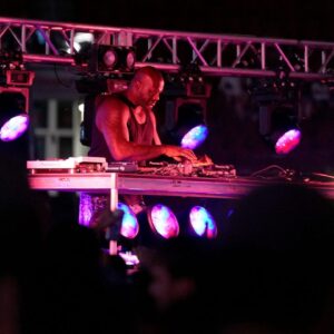 Shaquille O'Neal, also known as Diesel, entertains the crowd as he plays a wide variety of music after the Reds-Brewers game at Great American Ball Park Saturday, August 31, 2024.