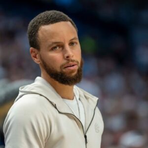 Golden State Warriors guard Stephen Curry (30) looks on against the Minnesota Timberwolves in the second half during game five of the second round for the 2025 NBA Playoffs at Target Center.