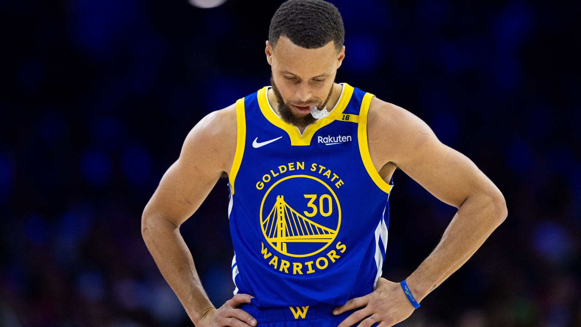 Mar 1, 2025; Philadelphia, Pennsylvania, USA; Golden State Warriors guard Stephen Curry (30) looks on against the Philadelphia 76ers during the second quarter at Wells Fargo Center.