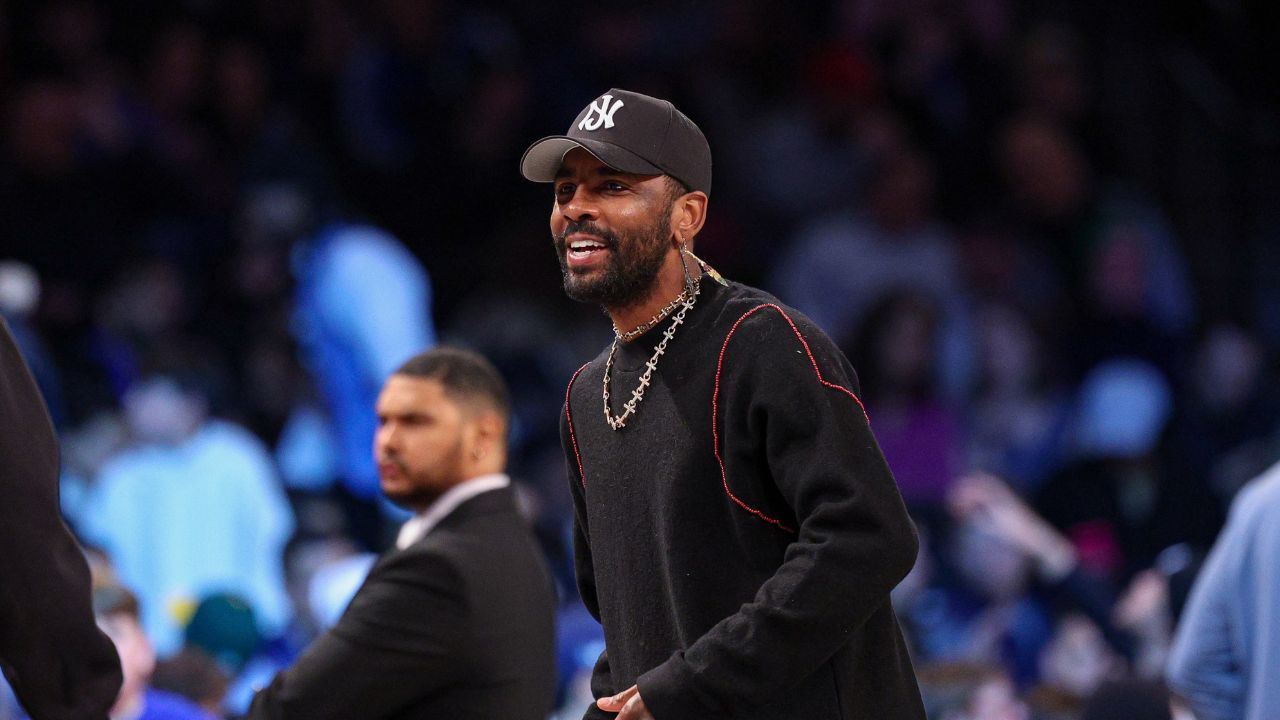 Dallas Mavericks guard Kyrie Irving (11) looks on during the first quarter against the Brooklyn Nets at Barclays Center.