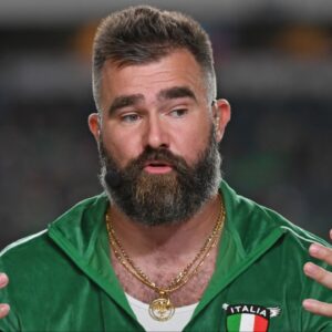 ESPN Monday Night Football broadcaster Jason Kelce on the set before game between Philadelphia Eagles and Atlanta Falcons at Lincoln Financial Field.