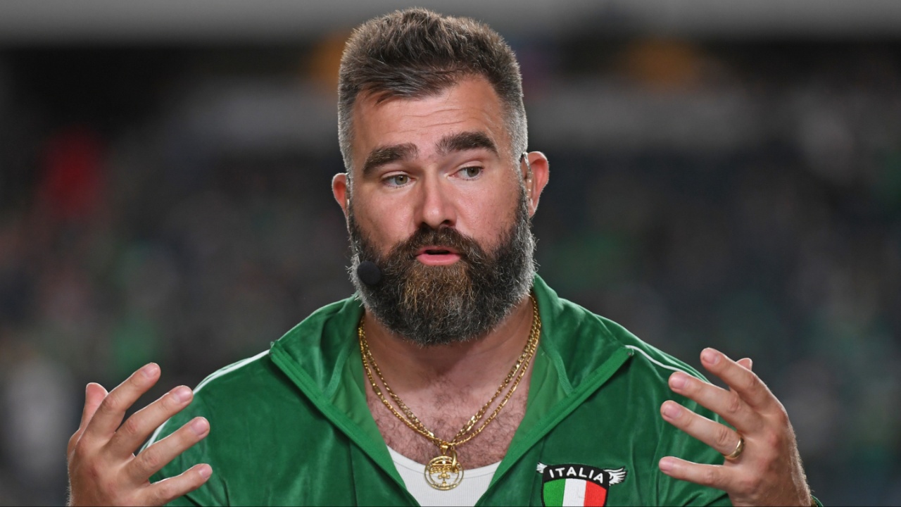 ESPN Monday Night Football broadcaster Jason Kelce on the set before game between Philadelphia Eagles and Atlanta Falcons at Lincoln Financial Field.
