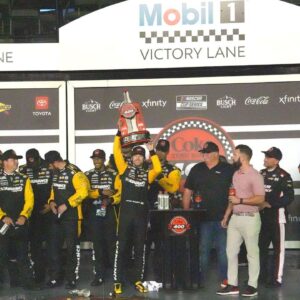 Ryan Blaney No. 12 celebrates in Victory Land, Saturday night August 23, 2025 after winning the Coke Zero Sugar 400 at Daytona International Speedway.