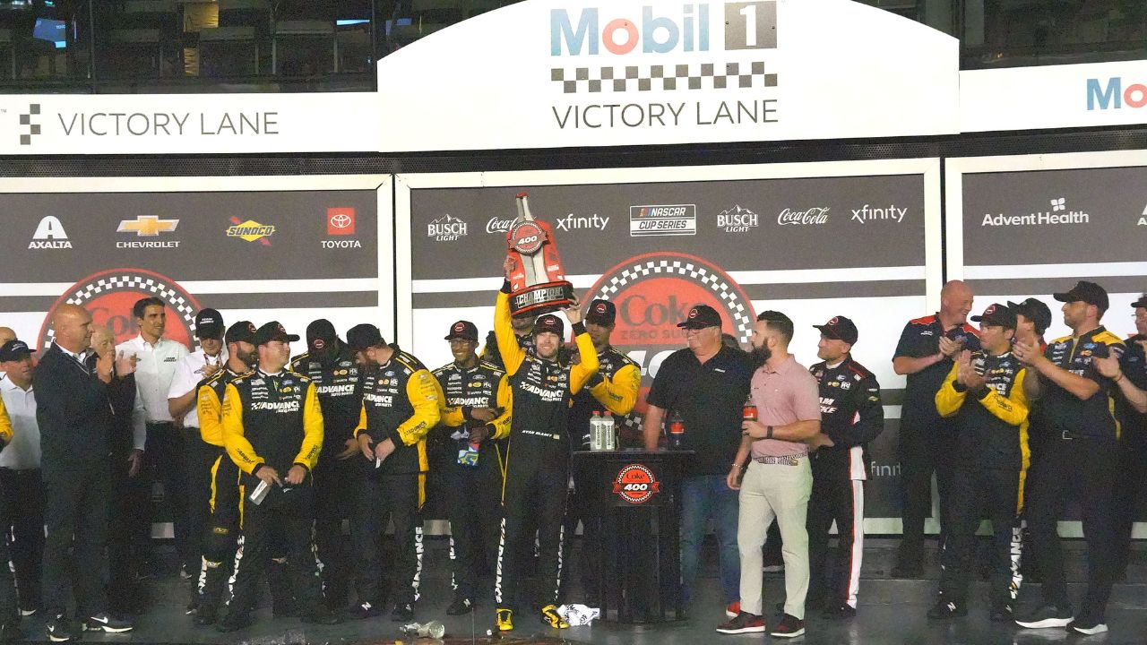 Ryan Blaney No. 12 celebrates in Victory Land, Saturday night August 23, 2025 after winning the Coke Zero Sugar 400 at Daytona International Speedway.