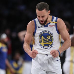 Golden State Warriors guard Stephen Curry (30) celebrates in the third quarter against the Brooklyn Nets at Barclays Center