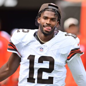 Cleveland Browns quarterback Shedeur Sanders (12) enters the field before the game between the Browns and the Los Angeles Rams at Huntington Bank Field.