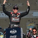 Mar 9, 2025; Avondale, Arizona, USA; NASCAR Cup Series driver Christopher Bell (20) celebrates his victory of the Shriners Children’s 500 at Phoenix Raceway.
