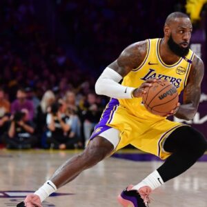 Los Angeles Lakers forward LeBron James (23) controls the ball against the Minnesota Timberwolves during the first half in game five of first round for the 2025 NBA Playoffs at Crypto.com Arena.
