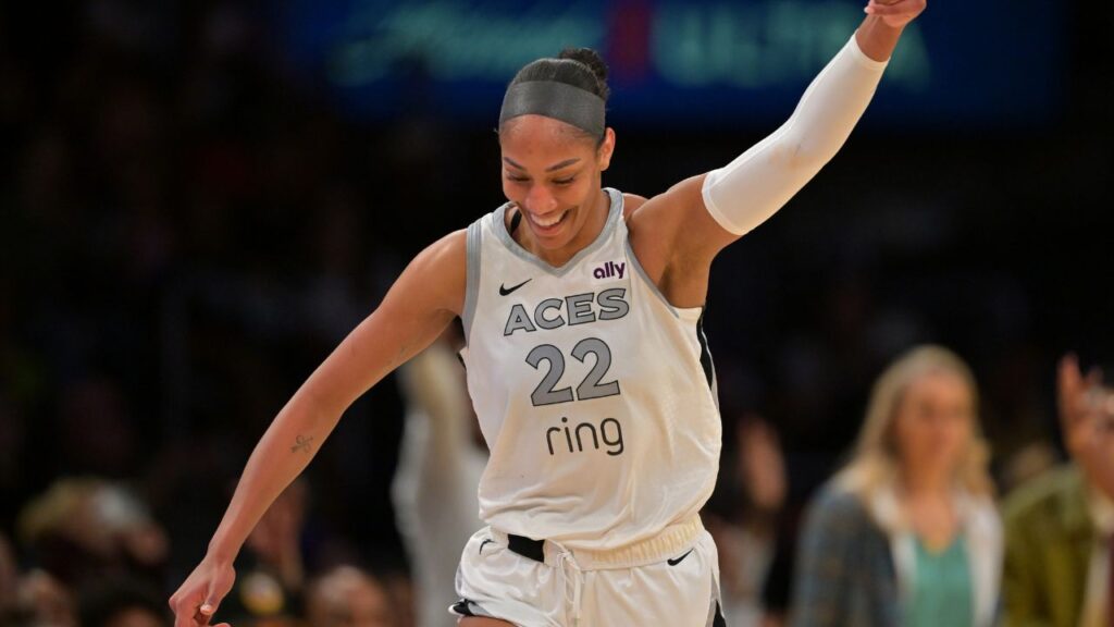 Las Vegas Aces center A'ja Wilson (22) celebrates after a 3 pointer during the second half against the Los Angeles Sparks at Crypto.com Arena.