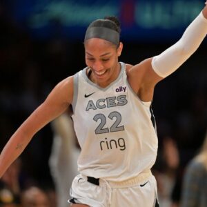 Las Vegas Aces center A'ja Wilson (22) celebrates after a 3 pointer during the second half against the Los Angeles Sparks at Crypto.com Arena.