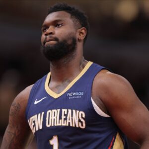 Zion Williamson 1 of the New Orleans Pelicans lines up for free throw during the first half against the Chicago Bulls