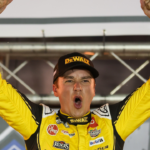 Sep 13, 2025; Bristol, Tennessee, USA; NASCAR Cup Series driver Christopher Bell (20) wins the Bass Pro Shops Night Race at Bristol Motor Speedway. Mandatory Credit: Randy Sartin-Imagn Images