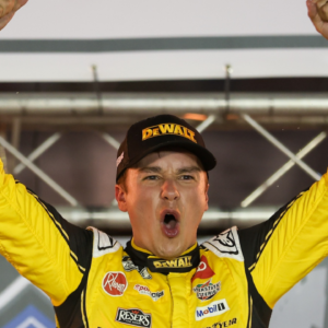 Sep 13, 2025; Bristol, Tennessee, USA; NASCAR Cup Series driver Christopher Bell (20) wins the Bass Pro Shops Night Race at Bristol Motor Speedway. Mandatory Credit: Randy Sartin-Imagn Images