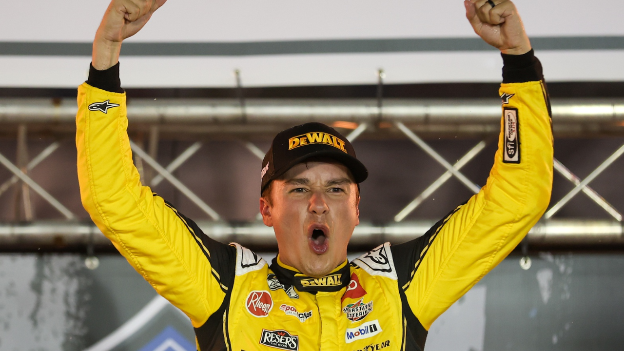 Sep 13, 2025; Bristol, Tennessee, USA; NASCAR Cup Series driver Christopher Bell (20) wins the Bass Pro Shops Night Race at Bristol Motor Speedway. Mandatory Credit: Randy Sartin-Imagn Images