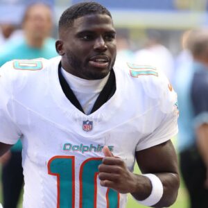 Miami Dolphins wide receiver Tyreek Hill (10) leaves the field after losing to the Indianapolis Colts at Lucas Oil Stadium.