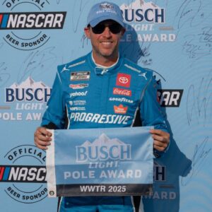 NASCAR Cup Series driver Denny Hamlin (11) poses for a photo after winning the pole award after practice and qualifying for the Enjoy Illinois 300 at World Wide Technology Raceway.
